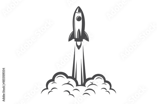 Rocket launching upward with smoke, showing speed and progress in grayscale format