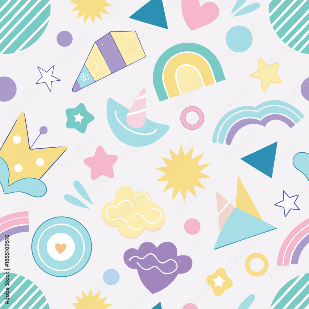 Fototapeta premium Flat seamless pastel kids pattern, playful shapes vector illustration