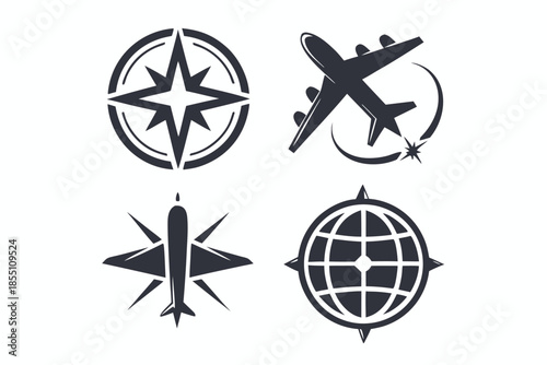 set shows black compass star, airplane flight trail, and globe icon