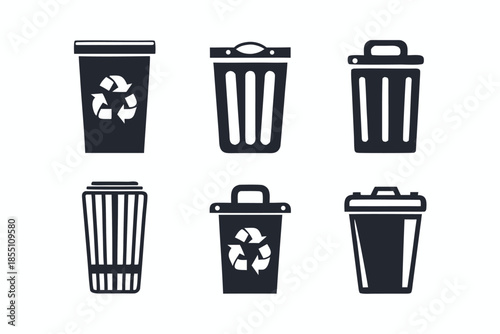 Set shows various black trash cans with recycling symbols on them