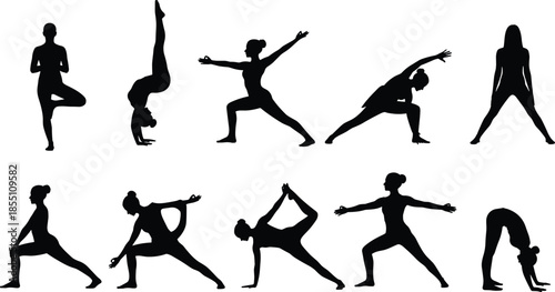 Yoga pose silhouettes collection vector illustration women practicing fitness stretching balance exercises isolated on white background for wellness sport design