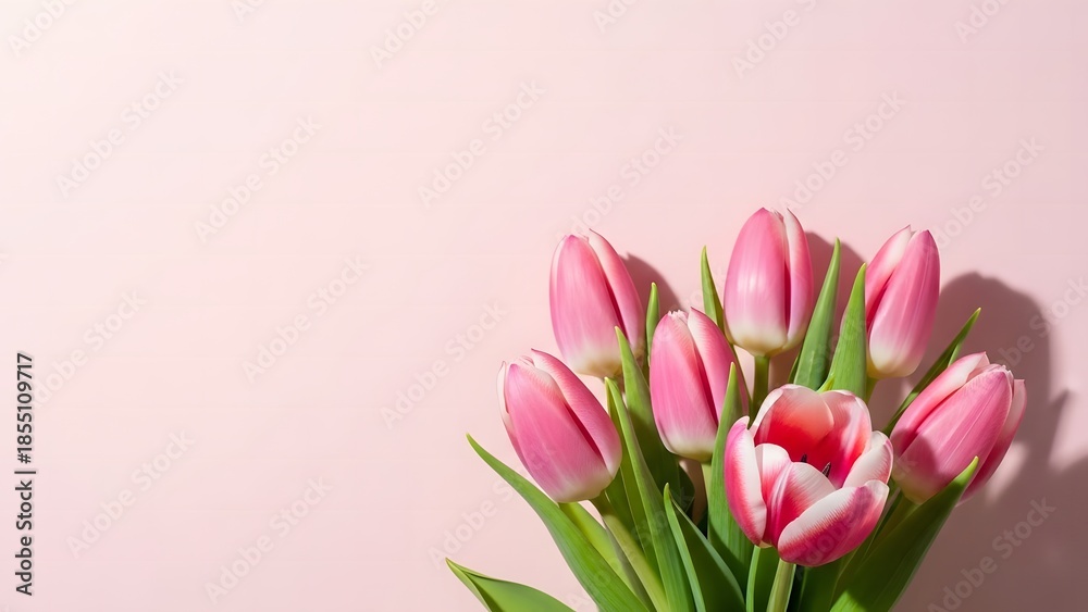 Obraz premium Bouquet of pink tulips with green leaves on a pink background flowers floral