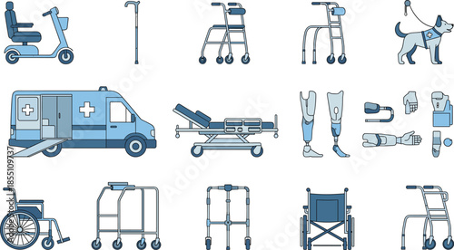 Medical mobility and assistive healthcare icons set including wheelchair walker ambulance hospital bed prosthetics and service dog vector illustration