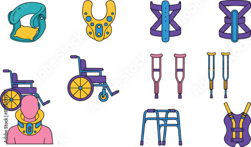 Orthopedic medical equipment and rehabilitation aids set including neck brace wheelchair crutches walker and spine support vector illustration