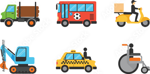 Transportation and mobility vehicles set including truck bus taxi scooter excavator and wheelchair flat vector illustration