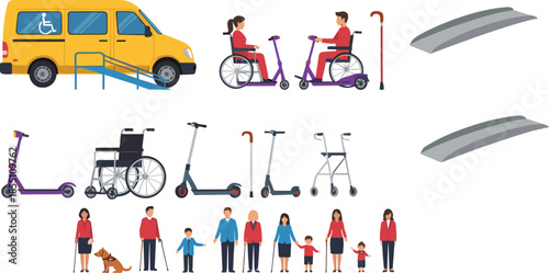 Accessibility and mobility assistance set with wheelchair transport ramp scooters walkers canes and people with disabilities vector illustration