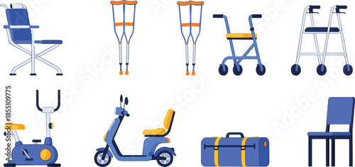 Medical mobility and rehabilitation equipment set including wheelchair crutches walkers scooter exercise bike and assistive devices vector illustration
