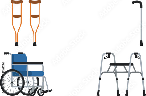 Medical mobility aids set including crutches cane wheelchair and walker for rehabilitation healthcare flat vector illustration