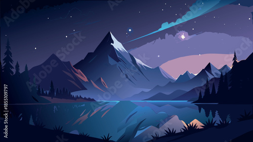 Majestic Night Mountain Landscape Illustration with Starry Sky and Lake
