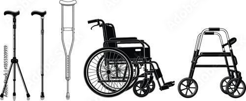 Medical mobility aids silhouette set including cane crutches wheelchair and walker healthcare rehabilitation vector illustration