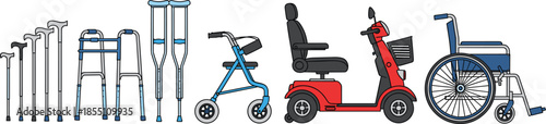 Collection of medical mobility aids including canes walkers crutches scooter and wheelchair for healthcare rehabilitation vector illustration