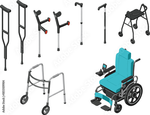 Set of medical mobility equipment including crutches walking canes rollator walker and wheelchair flat vector illustration