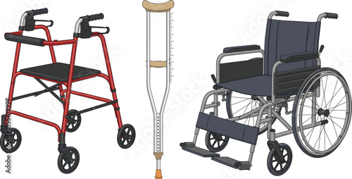 Medical mobility aids set including walker crutches and wheelchair for rehabilitation healthcare disability support vector illustration