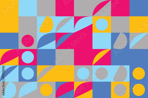Vibrant geometric shapes in pink, blue, yellow, and gray colors