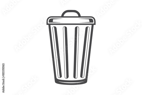 Simple outline style trash bin presents gray lines on a white background