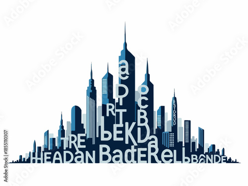 Abstract Skyline Creative Illustration Featuring Buildings with Typography and Design Elements