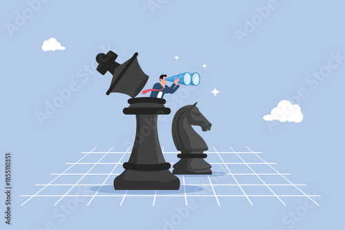 Success strategy, leadership vision or looking for opportunity, businessman leader open chess king with binocular to look ahead, plan ahead to win business competition, competitor analysis concept.