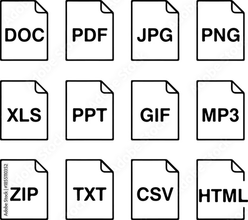 Comprehensive collection of minimalist document file format icons featuring common extensions like PDF, DOC, JPG, PNG, XLS, and HTML for digital storage and organization.