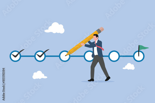 Project tracking, businessman project manager holding big pencil to check completed tasks in project management timeline, goal tracker, task completion or checklist to remind project progress concept.