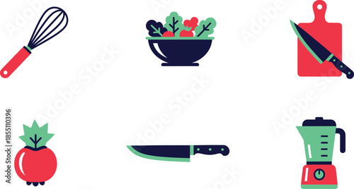 Healthy food preparation icons set with whisk salad bowl cutting board chef knife and blender smoothie maker
