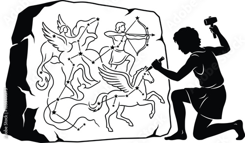 Ancient stargazer carving zodiac constellations on stone, mythology and astronomy storytelling scene, celestial symbols and legends, monochrome vector illustration