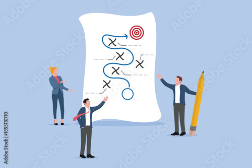 Strategic planning, business team planning for success tactic chart, team brainstorm or competitor analysis, plan to overcome difficulty or obstacle to reach goal or target, business success concept.