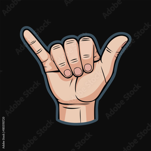 Shaka hand gesture symbol isolated on black background.