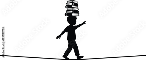 Child silhouette balancing stack of books while walking tightrope, education challenge concept, learning pressure, knowledge balance, academic journey, perseverance, black and white illustration
