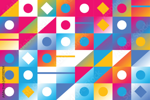 Vibrant geometric shapes in various colors and patterns