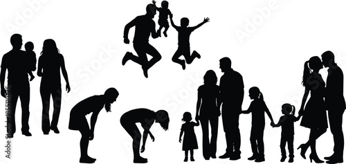 Happy family silhouettes with parents and children jumping, walking and bonding together, symbolizing love, unity, joy and everyday family lifestyle on white background