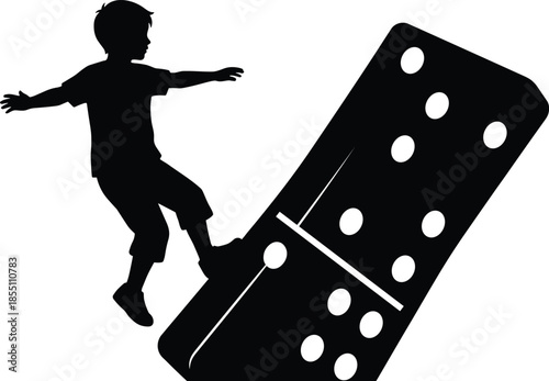 Child silhouette balancing on falling domino, cause and effect concept, consequences of actions, risk and responsibility, critical thinking, childhood learning, black and white illustration
