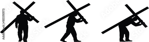 Jesus Christ carrying the cross silhouettes illustrating Christian faith, sacrifice, suffering, devotion, redemption and spiritual journey on white background