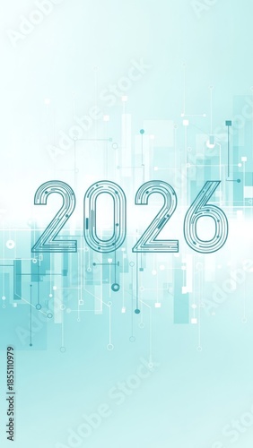 Abstract depiction of the year 2026 using geometric shapes and network lines. This image communicates technological advancement and could be used for