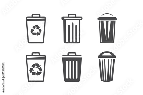 Six different garbage containers are visually illustrated across a white background