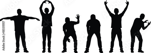 Male silhouettes showing expressive standing poses, gestures and movements representing confidence, communication, dance, fitness and modern human body language on white background