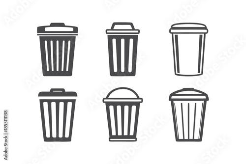 Six simple line icons of trash cans are set on white