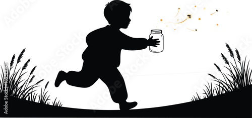 Child silhouette chasing fireflies with jar, childhood wonder and imagination concept, magical summer night scene, whimsical monochrome vector illustration