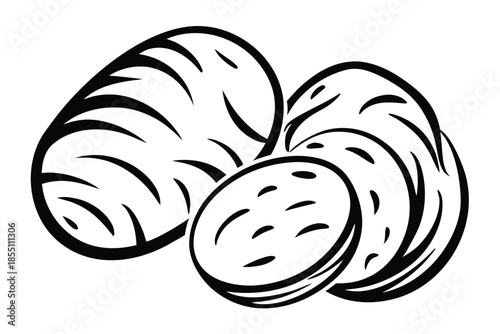 Sliced Sausage Illustration, Black Outline, Stacked Slices, Vector, White Background