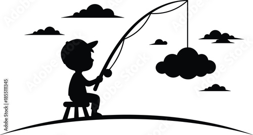 Child silhouette fishing for clouds, imagination and creativity concept, dreaming beyond limits, playful childhood fantasy, hope and curiosity, surreal storytelling, black and white illustration