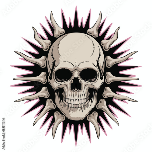 Graphic skull with radiating spikes and sunburst design.