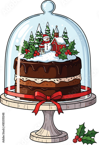 Chocolate cake with snowman and Christmas village under glass dome red ribbon
