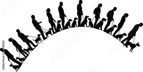 People silhouettes walking dogs in sequence showing pet ownership, daily routine, companionship, outdoor activity and harmonious lifestyle on white background