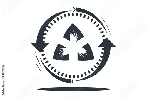 Solid black arrows rotate around a symmetrical geometrical symbol center