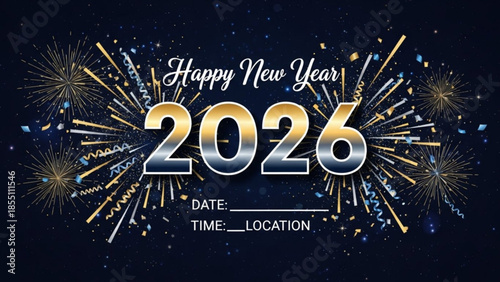 Happy New Year 2026 text with fireworks a festive celebration concept for holiday invitations and event promotion