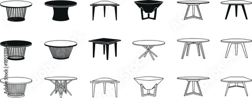 Collection of various round and square tables with different styles and round tables