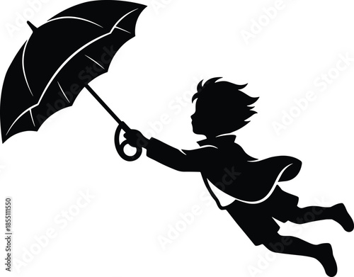Child silhouette flying with umbrella, freedom and imagination concept, carefree childhood dream, adventure and hope, playful fantasy journey, black and white illustration