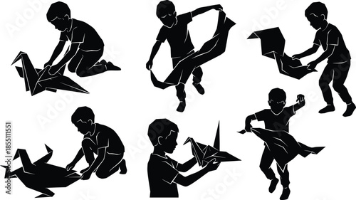 Child silhouette folding origami paper birds, creative learning and imagination process, playful childhood activity sequence, minimalist monochrome vector illustration set