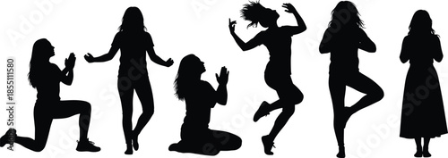 Women silhouettes dancing, praying, jumping and celebrating emotions, expressing freedom, faith, joy, movement and modern feminine lifestyle on white background
