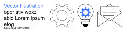Innovation, technology solutions, process optimization, teamwork, communication, email services. Gear, light bulb with gear and envelope on a white background. Innovation and technology solutions