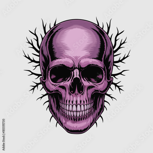 Purple Skull Illustration with Spooky Branches.